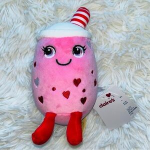 Lovable pink boba tea plush 6” New, pink and red, red love hearts soft Claire’s